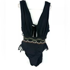 BECCA Womens Crochet Plunge One Piece Swimsuit Black Small